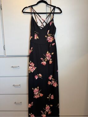 nine britton Black Maxi Dress with Pink Floral Print and Crisscross Straps